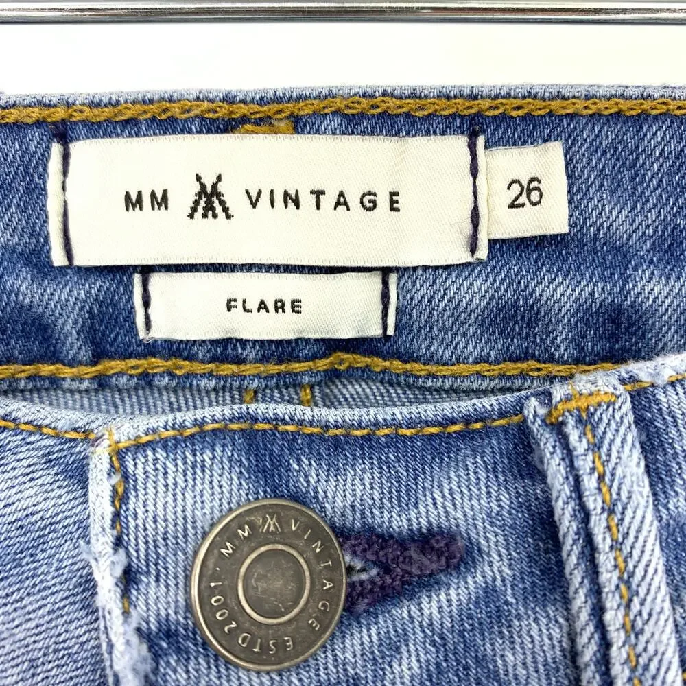 MM Vintage Jeans Women's Sz 26 Distressed Flare Crop Mid Rise Blue Five Pockets - Picture 6 of 8